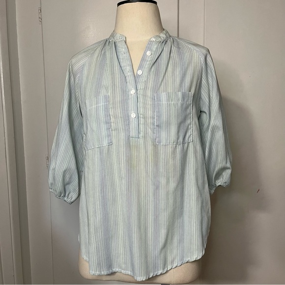 Vintage 70s Spare Parts Blue Green Pin Stripe Half Button Up 3/4 Sleeve Tunic - Picture 1 of 6